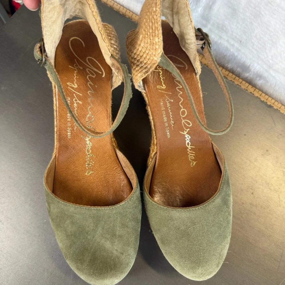 Spanish Gaimo Espadrilles Olive Green Suede Wedge Sandals Size 39‎ / 8 1/2
